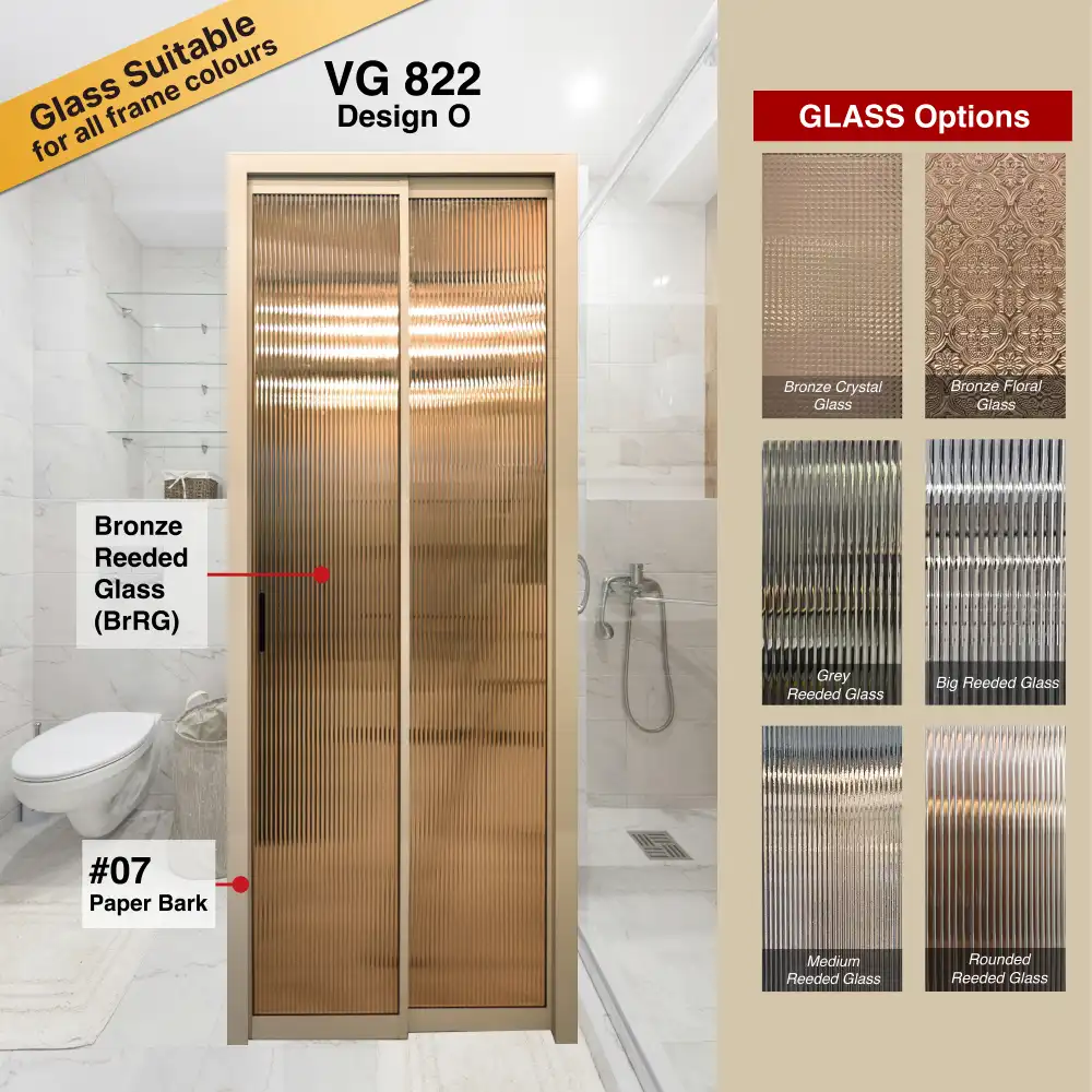 #07 Paper Bark Top Hung Aluminium Framed Pd Door 4.0 (VG822) with Slide & Swing System with Classy Invisible VG Hinge in Design O for Bathroom Classy - Slide and Swing Toilet Door - Design O - Paper Bark - Glass Panel