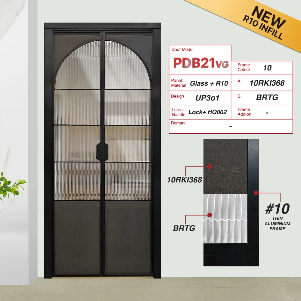 Off White PD B Synchronised Double Swing Door Black Synchronised Double Swing Door with VG Hinge PDB21VG Design UP3o1 with Real Cement (10RKI368) and Big Reeded Tempered Glass (BRTG)