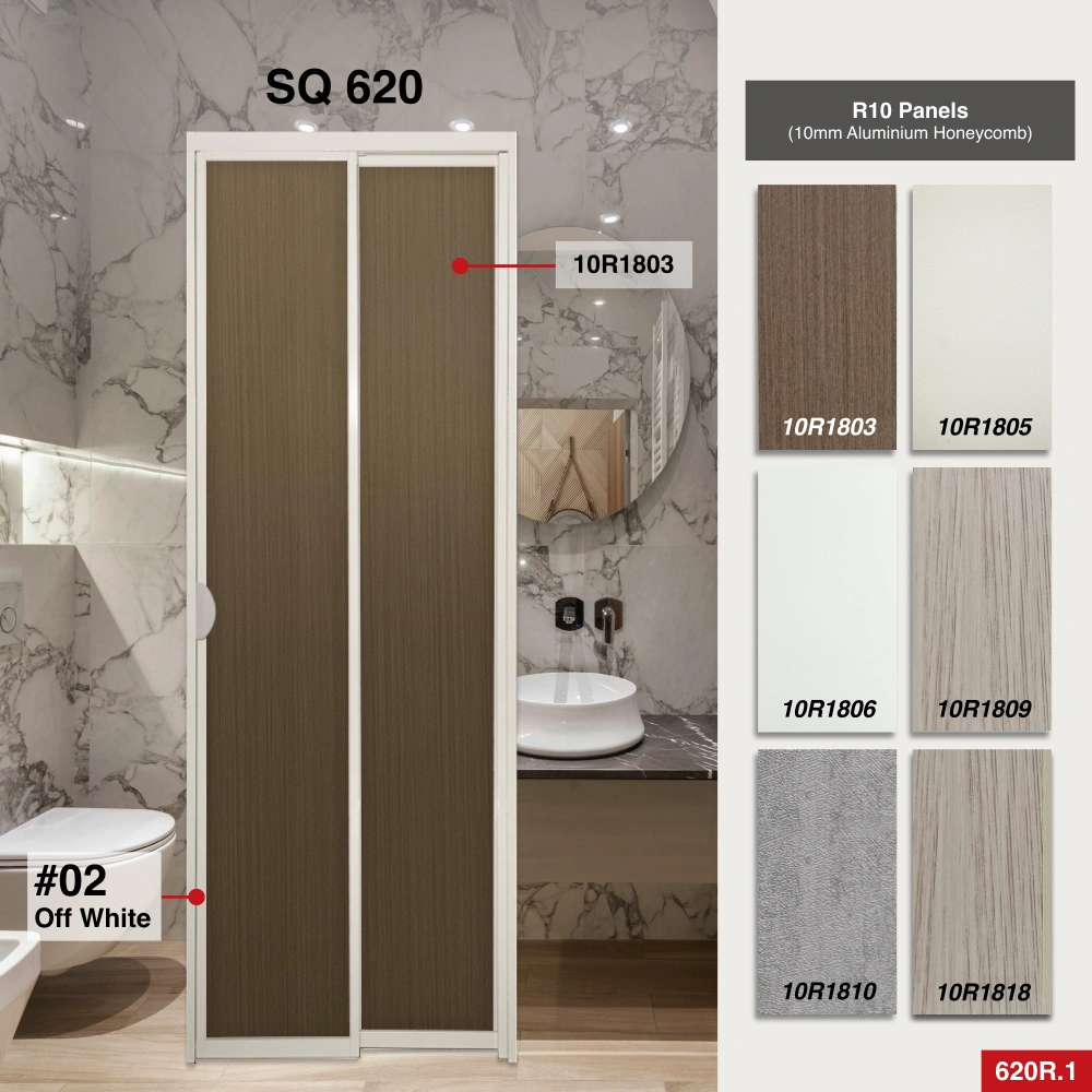 #02 Off White Top Hung Aluminium Framed Pd Door 5.0 (SQ620) with Slide & Swing System with SQ Slim Frame Hinge in Design O for Bathroom #02 Off White Top Hung Aluminium Framed Pd Door 5.0 (SQ620) with Slide & Swing System with SQ Slim Frame Hinge in Design O with Panel A: 10R 1803, A dark brown wooden textured thick waterproof aluminium honeycomb panel for Bathroom