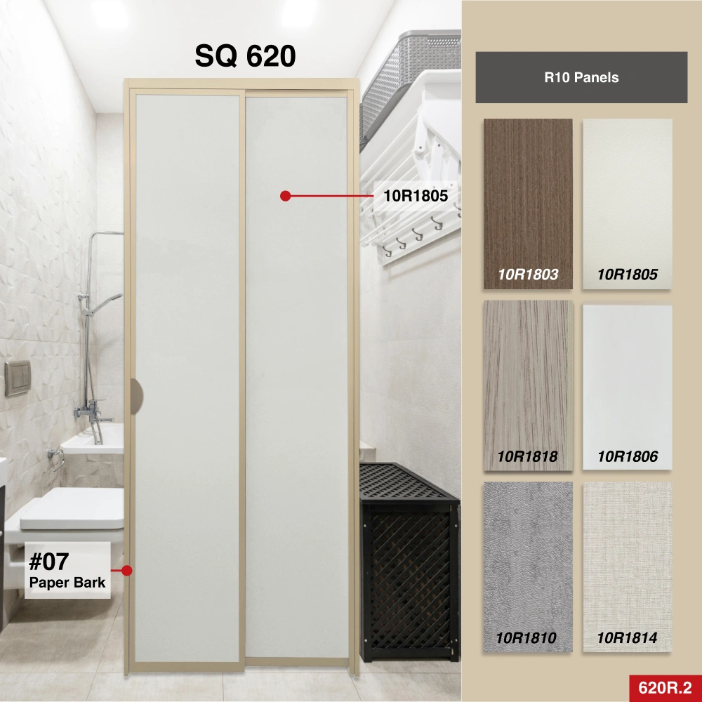 #07 Paper Bark Top Hung Aluminium Framed Pd Door 5.0 (SQ620) with Slide & Swing System with SQ Slim Frame Hinge in Design O for Bathroom #07 Paper Bark Top Hung Aluminium Framed Pd Door 5.0 (SQ620) with Slide & Swing System with SQ Slim Frame Hinge in Design O with Panel A: 10R 1805, A white leather-like textured thick waterproof aluminium honeycomb panel for Bathroom