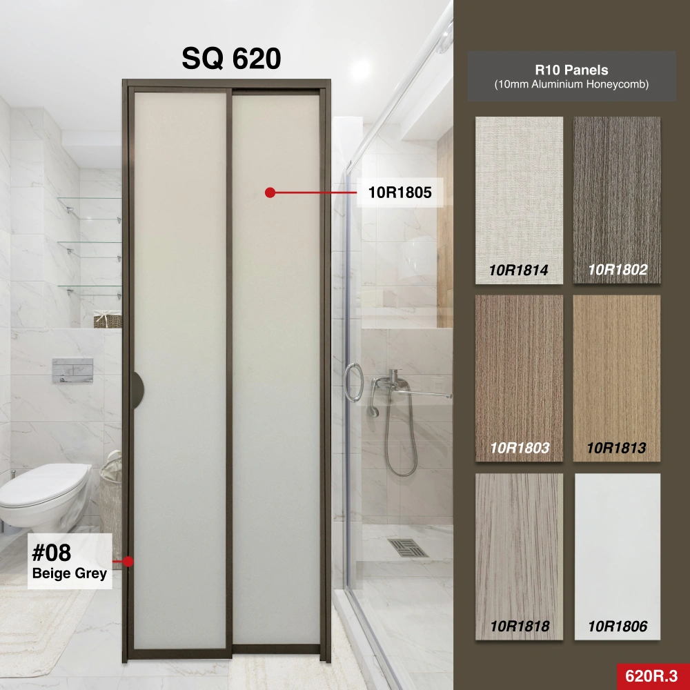 #08 Beige Grey Top Hung Aluminium Framed Pd Door 5.0 (SQ620) with Slide & Swing System with SQ Slim Frame Hinge in Design O for Bathroom #08 Beige Grey Top Hung Aluminium Framed Pd Door 5.0 (SQ620) with Slide & Swing System with SQ Slim Frame Hinge in Design O with Panel A: 10R 1805, A white leather-like textured thick waterproof aluminium honeycomb panel for Bathroom
