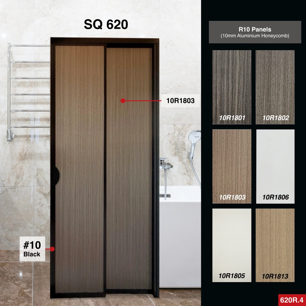 #10 Black Top Hung Aluminium Framed Pd Door 5.0 (SQ620) with Slide & Swing System with SQ Slim Frame Hinge in Design O for Bathroom #10 Black Top Hung Aluminium Framed Pd Door 5.0 (SQ620) with Slide & Swing System with SQ Slim Frame Hinge in Design O with Panel A: 10R 1803, A dark brown wooden textured thick waterproof aluminium honeycomb panel for Bathroom