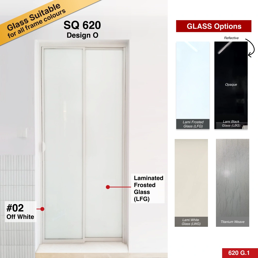 #02 Off White Top Hung Aluminium Framed Pd Door 5.0 (SQ620) with Slide & Swing System with SQ Slim Frame Hinge in Design O for Bathroom #02 Off White Top Hung Aluminium Framed Pd Door 5.0 (SQ620) with Slide & Swing System with SQ Slim Frame Hinge in Design O with Panel A: Design Glass LFG, Laminated Safety Frosted Glass for Bathroom