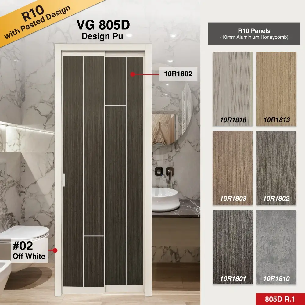 #02 Off White Top Hung Aluminium Framed Pd Door 4.0 (VG805) with Slide & Swing System with Classy Invisible VG Hinge in Design Pu for Bathroom #02 Off White Top Hung Aluminium Framed Pd Door 4.0 (VG805D) with Slide & Swing System with Classy Invisible VG Hinge in Design Pu with Panel A: 10R 1802, A dark grey wooden textured thick waterproof aluminium honeycomb panel for Bathroom