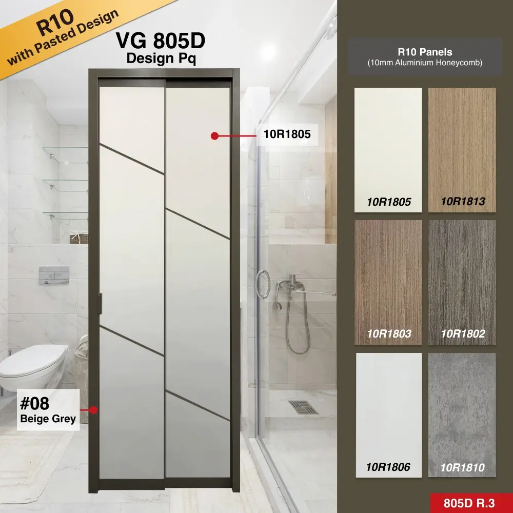 #08 Beige Grey Top Hung Aluminium Framed Pd Door 4.0 (VG805D) with Slide & Swing System with Classy Invisible VG Hinge in Design Pq for Bathroom #08 Beige Grey Top Hung Aluminium Framed Pd Door 4.0 (VG805D) with Slide & Swing System with Classy Invisible VG Hinge in Design Pq with Panel A: 10R 1805, A white leather-like textured thick waterproof aluminium honeycomb panel for Bathroom