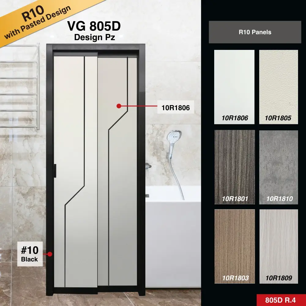 #10 Black Top Hung Aluminium Framed Pd Door 4.0 (VG805D) with Slide & Swing System with Classy Invisible VG Hinge in Design Pz for Bathroom #10 Black Top Hung Aluminium Framed Pd Door 4.0 (VG805D) with Slide & Swing System with Classy Invisible VG Hinge in Design Pz with Panel A: 10R 1806, A white glossy smooth textured thick waterproof aluminium honeycomb panel for Bathroom