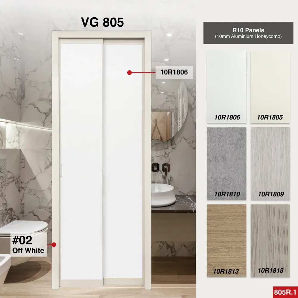 #02 Off White Top Hung Aluminium Framed Pd Door 4.0 (VG805) with Slide & Swing System with Classy Invisible VG Hinge in Design O for Bathroom #02 Off White Top Hung Aluminium Framed Pd Door 4.0 (VG805) with Slide & Swing System with Classy Invisible VG Hinge in Design O with Panel A: 10R 1806, A white glossy smooth textured thick waterproof aluminium honeycomb panel for Bathroom