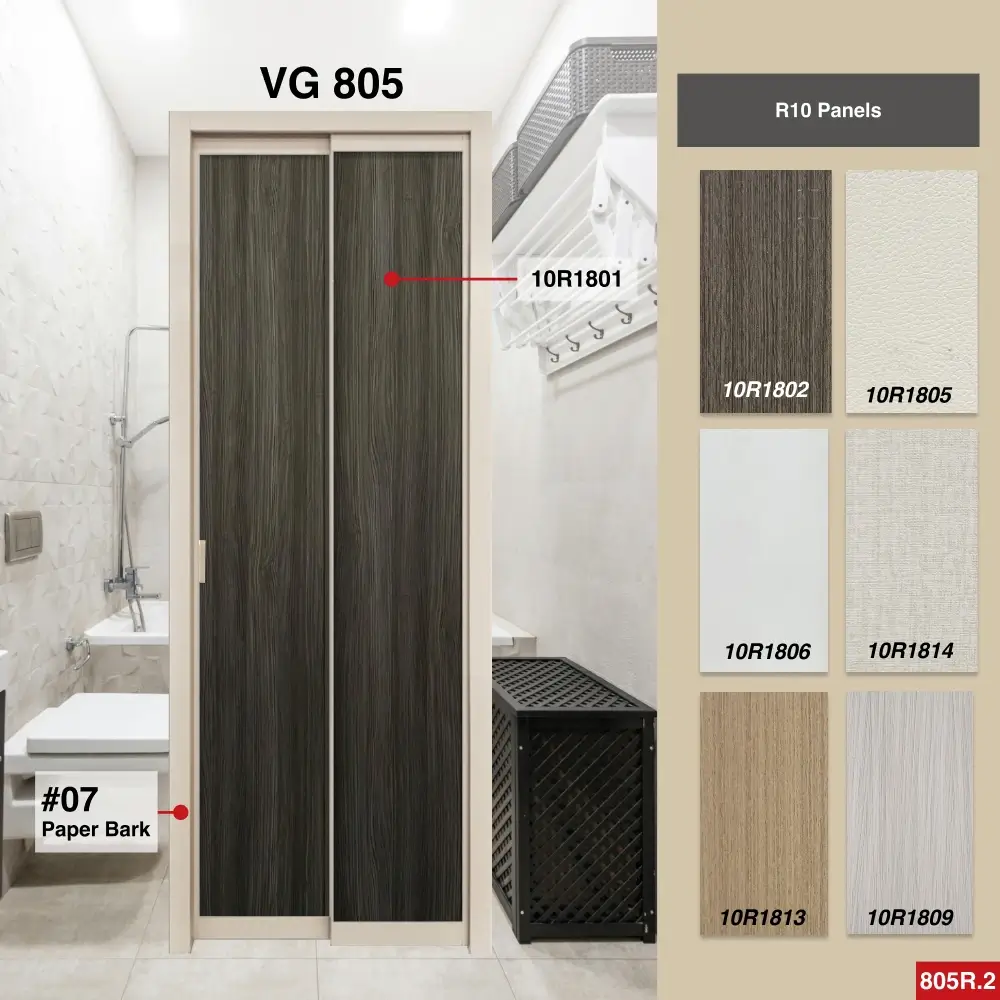 #07 Paper Bark Top Hung Aluminium Framed Pd Door 4.0 (VG805) with Slide & Swing System with Classy Invisible VG Hinge in Design O for Bathroom #07 Paper Bark Top Hung Aluminium Framed Pd Door 4.0 (VG805) with Slide & Swing System with Classy Invisible VG Hinge in Design O with Panel A: 10R 1801, A blackish wood-like textured thick waterproof aluminium honeycomb panel for Bathroom