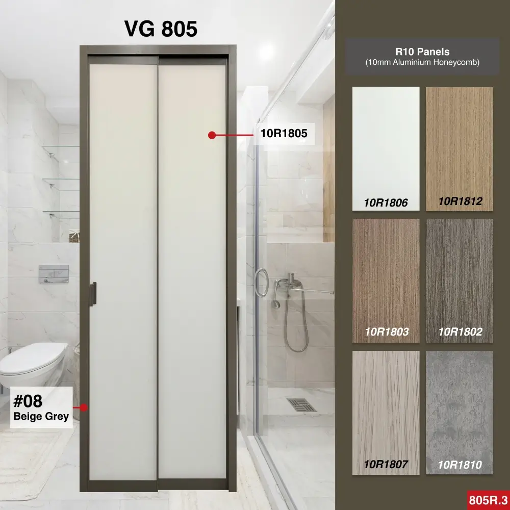 #08 Beige Grey Top Hung Aluminium Framed Pd Door 4.0 (VG805) with Slide & Swing System with Classy Invisible VG Hinge in Design O for Bathroom #08 Beige Grey Top Hung Aluminium Framed Pd Door 4.0 (VG805) with Slide & Swing System with Classy Invisible VG Hinge in Design O with Panel A: 10R 1805, A white leather-like textured thick waterproof aluminium honeycomb panel for Bathroom