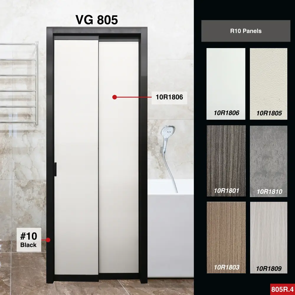 #10 Black Top Hung Aluminium Framed Pd Door 4.0 (VG805) with Slide & Swing System with Classy Invisible VG Hinge in Design O for Bathroom #10 Black Top Hung Aluminium Framed Pd Door 4.0 (VG805) with Slide & Swing System with Classy Invisible VG Hinge in Design O with Panel A: 10R 1806, A white glossy smooth textured thick waterproof aluminium honeycomb panel and for Bathroom