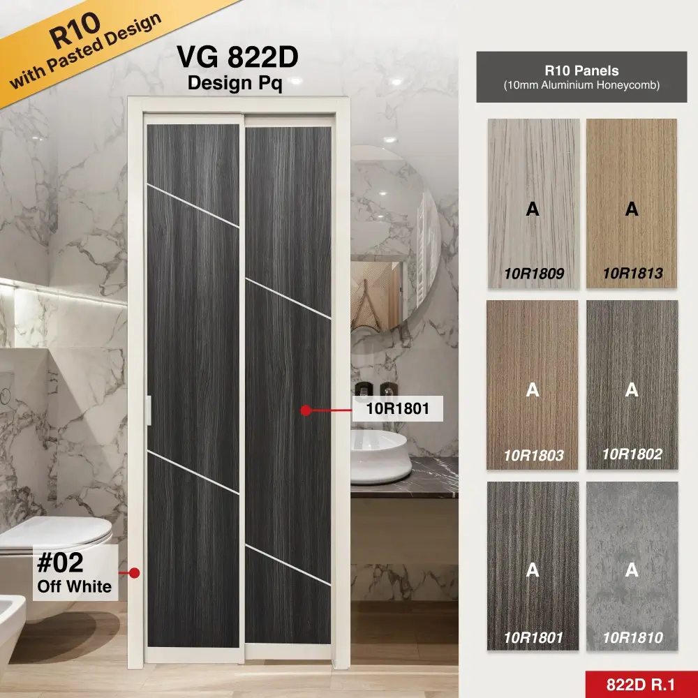 #02 Off White Top Hung Aluminium Framed Pd Door 4.0 (VG822D) with Slide & Swing System with Classy Invisible VG Hinge in Design Pq for Bathroom #02 Off White Top Hung Aluminium Framed Pd Door 4.0 (VG822D) with Slide & Swing System with Classy Invisible VG Hinge in Design Pq with Panel A: 10R 1801, A blackish wood-like textured thick waterproof aluminium honeycomb panel for Bathroom