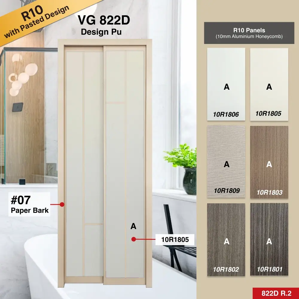 #07 Paper Bark Top Hung Aluminium Framed Pd Door 4.0 (VG822D) with Slide & Swing System with Classy Invisible VG Hinge in Design Pu for Bathroom #07 Paper Bark Top Hung Aluminium Framed Pd Door 4.0 (VG822D) with Slide & Swing System with Classy Invisible VG Hinge in Design Pu with Panel A: 10R 1805, A white leather-like textured thick waterproof aluminium honeycomb panel for Bathroom