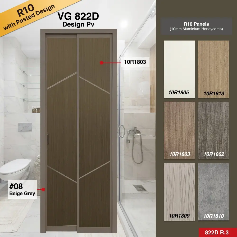#08 Beige Grey Top Hung Aluminium Framed Pd Door 4.0 (VG822D) with Slide & Swing System with Classy Invisible VG Hinge in Design Pv for Bathroom #08 Beige Grey Top Hung Aluminium Framed Pd Door 4.0 (VG822D) with Slide & Swing System with Classy Invisible VG Hinge in Design Pv with Panel A: 10R 1803, A dark brown wooden textured thick waterproof aluminium honeycomb panel for Bathroom