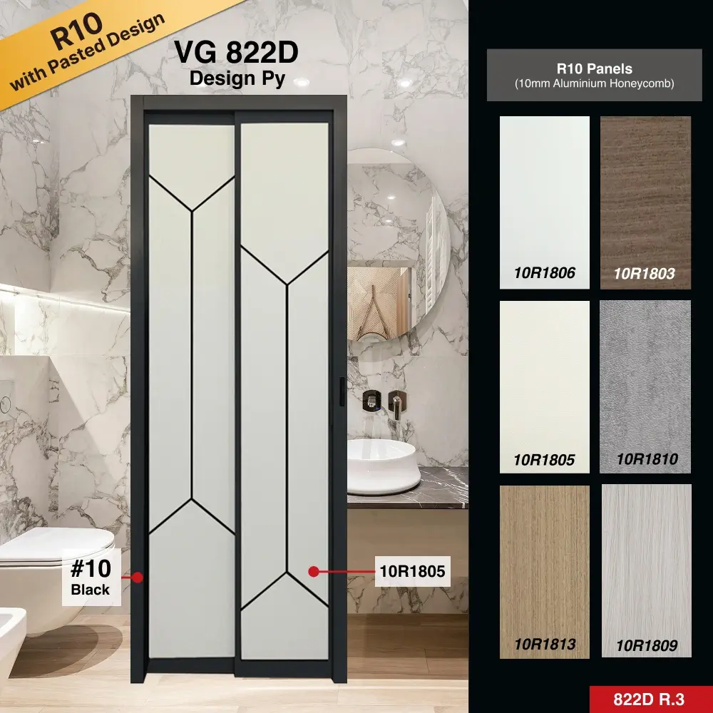 #10 Black Top Hung Aluminium Framed Pd Door 4.0 (VG822D) with Slide & Swing System with Classy Invisible VG Hinge in Design Py for Bathroom #10 Black Top Hung Aluminium Framed Pd Door 4.0 (VG822D) with Slide & Swing System with Classy Invisible VG Hinge in Design Py with Panel A: 10R 1801, A blackish wood-like textured thick waterproof aluminium honeycomb panel for Bathroom