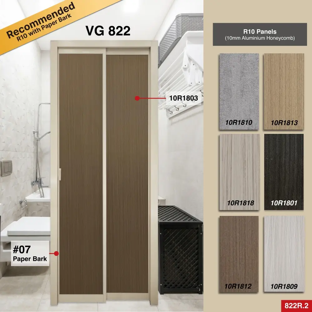 #07 Paper Bark Top Hung Aluminium Framed Pd Door 4.0 (VG822) with Slide & Swing System with Classy Invisible VG Hinge in Design O for Bathroom #07 Paper Bark Top Hung Aluminium Framed Pd Door 4.0 (VG822) with Slide & Swing System with Classy Invisible VG Hinge in Design O with Panel A: 10R 1803, A dark brown wooden textured thick waterproof aluminium honeycomb panel and for Bathroom