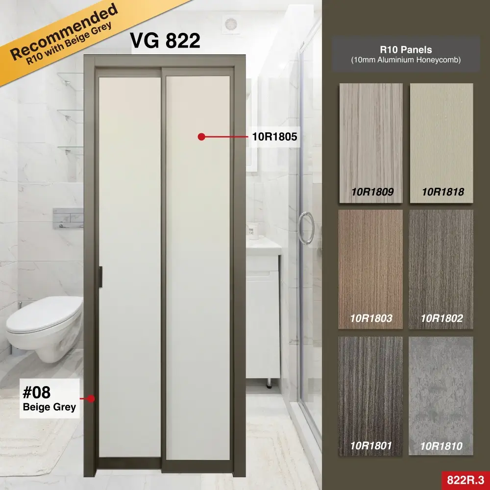 #08 Beige Grey Top Hung Aluminium Framed Pd Door 4.0 (VG822) with Slide & Swing System with Classy Invisible VG Hinge in Design O for Bathroom #08 Beige Grey Top Hung Aluminium Framed Pd Door 4.0 (VG822) with Slide & Swing System with Classy Invisible VG Hinge in Design O with Panel A: 10R 1805, A white leather-like textured thick waterproof aluminium honeycomb panel and for Bathroom