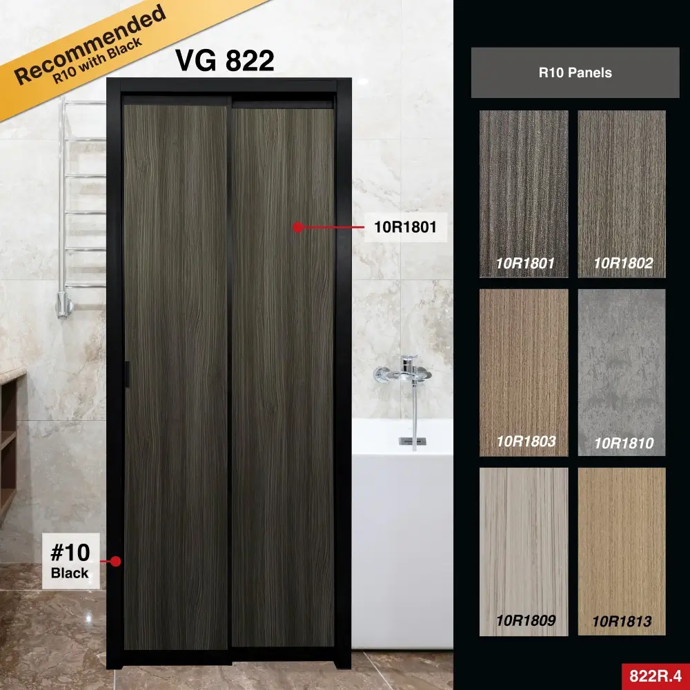 #10 Black Top Hung Aluminium Framed Pd Door 4.0 (VG822) with Slide & Swing System with Classy Invisible VG Hinge in Design O for Bathroom #10 Black Top Hung Aluminium Framed Pd Door 4.0 (VG822) with Slide & Swing System with Classy Invisible VG Hinge in Design O with Panel A: 10R 1801, A blackish wood-like textured thick waterproof aluminium honeycomb panel and for Bathroom