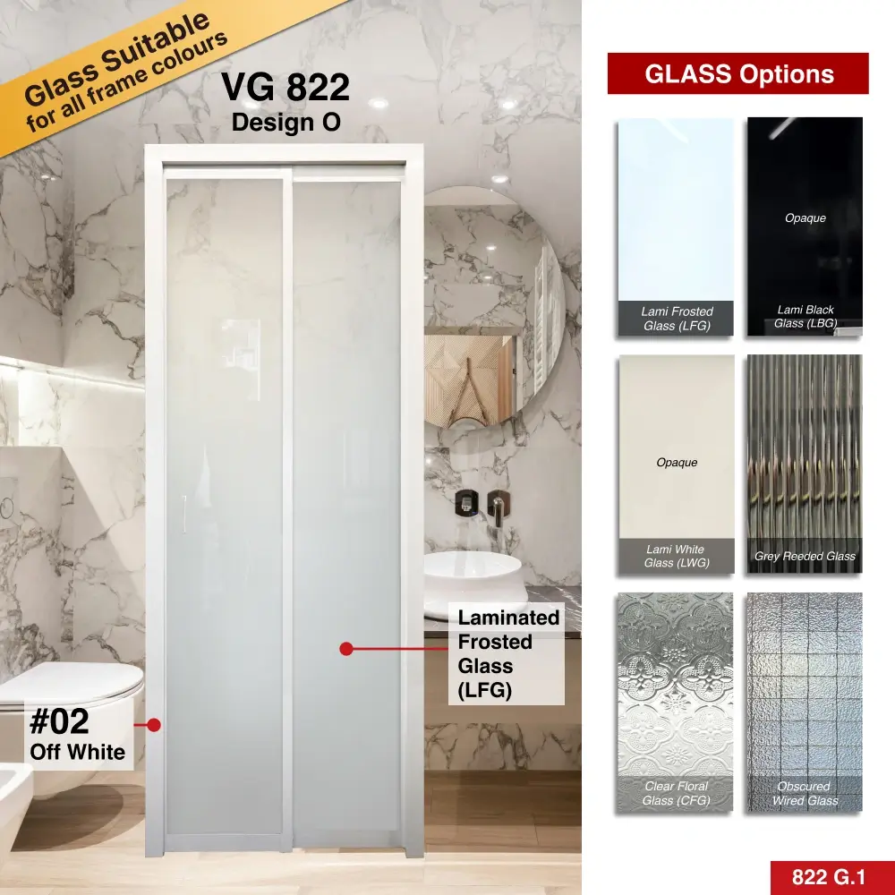 #02 Off White Top Hung Aluminium Framed Pd Door 4.0 (VG822) with Slide & Swing System with Classy Invisible VG Hinge in Design O with Panel A: Design Glass LFG Laminated Safety Frosted Glass for Bathroom #02 Off White Top Hung Aluminium Framed Pd Door 4.0 (VG822) with Slide & Swing System with Classy Invisible VG Hinge in Design O for Bathroom