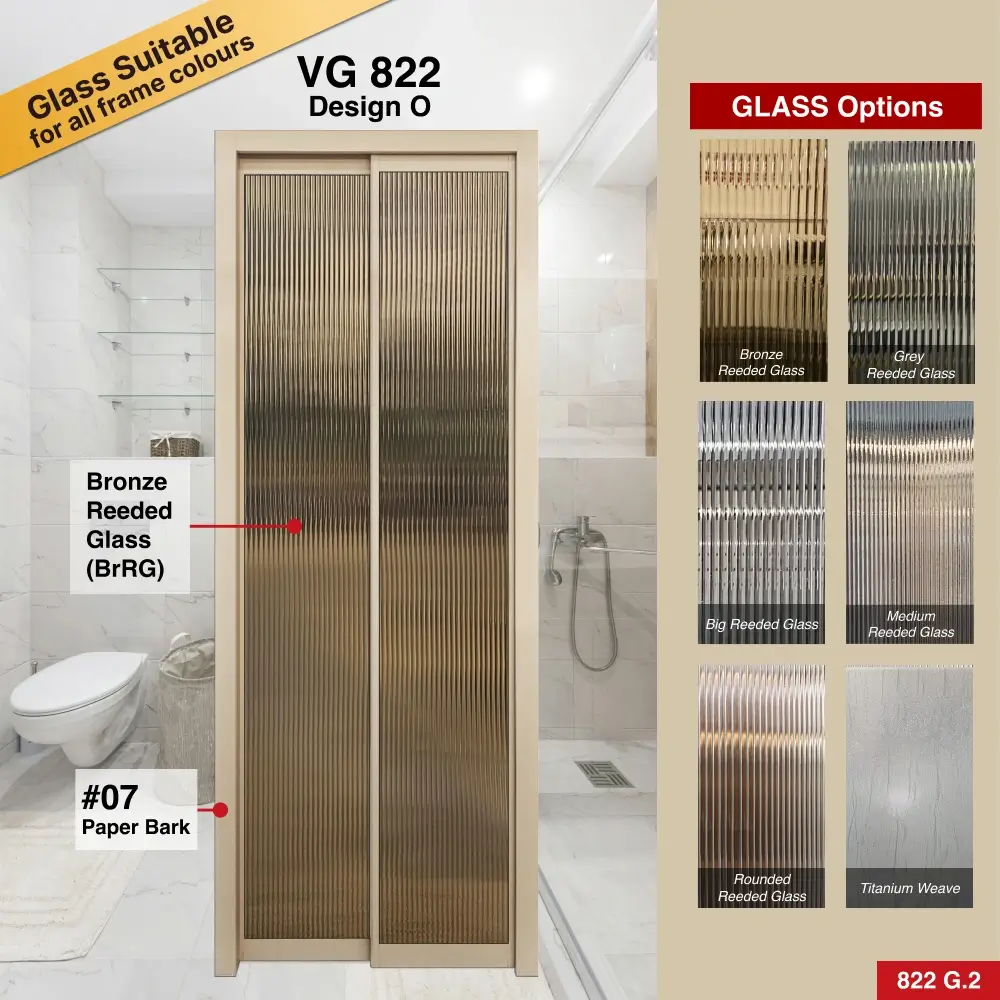 #07 Paper Bark Top Hung Aluminium Framed Pd Door 4.0 (VG822) with Slide & Swing System with Classy Invisible VG Hinge in Design O for Bathroom #07 Paper Bark Top Hung Aluminium Framed Pd Door 4.0 (VG822) with Slide & Swing System with Classy Invisible VG Hinge in Design O with Panel A: Design Glass BrRG Bronze Reeded (Fluted) Glass for Bathroom