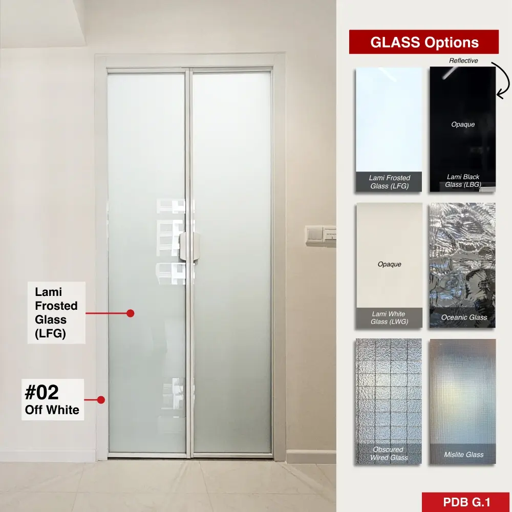 Off White Synchronised Double Swing Door with VG Hinge PDB21VG #02 Off White Top Hung Aluminium Framed PDB French Door with Double Swing System with Classy Invisible VG Hinge in Design O with Panel A: Design Glass LFG Laminated Safety Frosted Glass for Bathroom