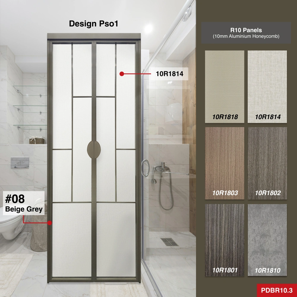 Off White Synchronised Double Swing Door with VG Hinge PDB21VG #08 Beige Grey Top Hung Aluminium Framed PDB French Door with Double Swing System with Classy Invisible VG Hinge in Design Pso1 with Panel A: 10R 1814, a beige cloth-like textured thick waterproof aluminium honeycomb panel for Bathroom