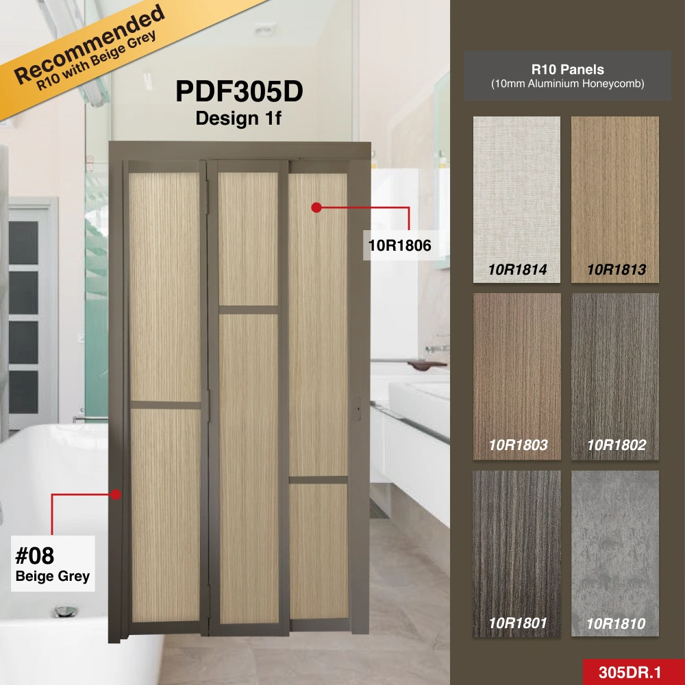 #08 Beige Grey Top Hung Aluminium Framed 3 Panel Slide to Fold Door (PDF305) with Slide to Fold System in Design 1f for Bathroom #08 Beige Grey Top Hung Aluminium Framed 3 Panel Slide to Fold Door (PDF305) with Slide to Fold System in Design 1f with Panel A: 10R 1806 1806, A white glossy smooth textured thick waterproof aluminium honeycomb panel for Bathroom