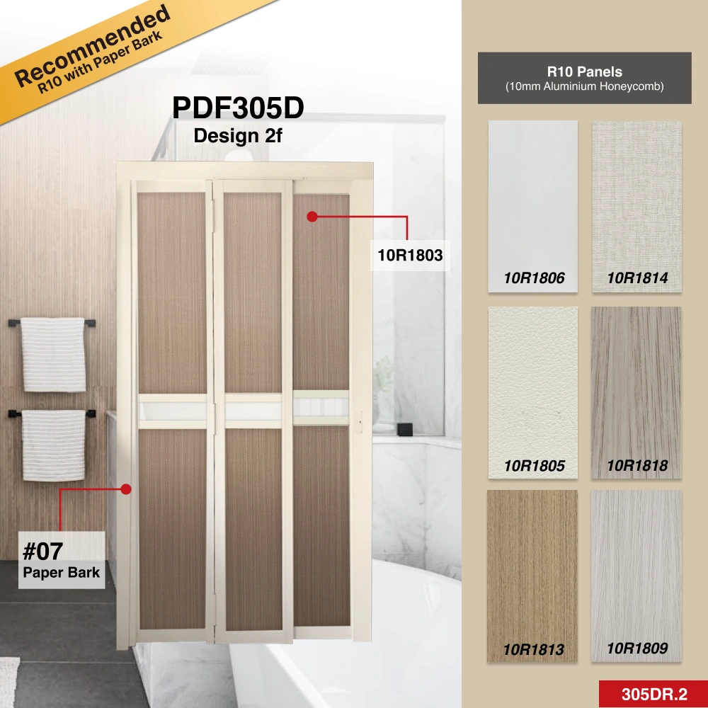 #07 Paper Bark Top Hung Aluminium Framed 3 Panel Slide to Fold Door (PDF305) with Slide to Fold System in Design 2f for Bathroom #07 Paper Bark Top Hung Aluminium Framed 3 Panel Slide to Fold Door (PDF305) with Slide to Fold System in Design 2f with Panel A: 10R 1803, A dark brown wooden textured thick waterproof aluminium honeycomb panel for Bathroom