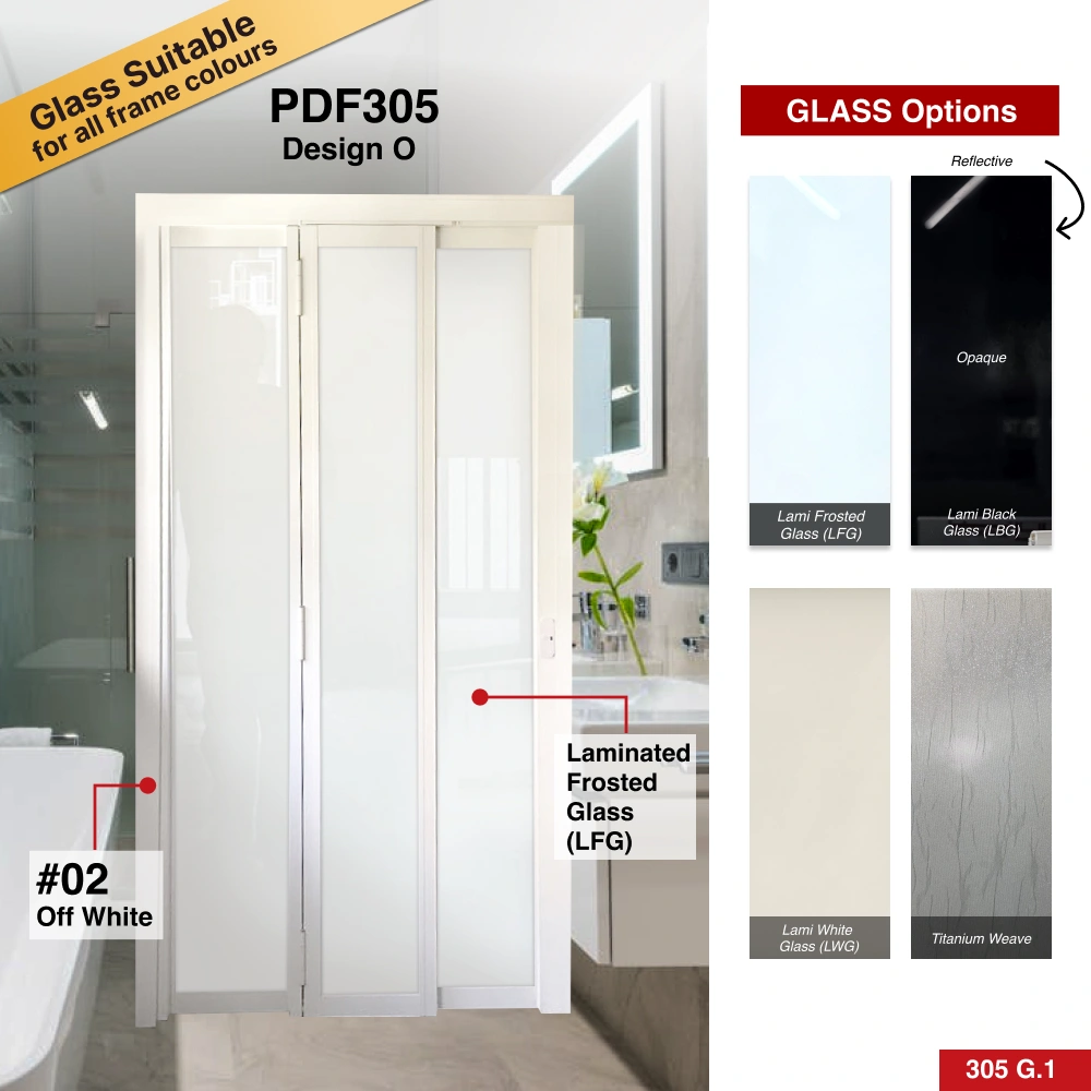 #02 Off White Top Hung Aluminium Framed 3 Panel Slide to Fold Door (PDF305) with Slide to Fold System in Design O for Bathroom #02 Off White Top Hung Aluminium Framed 3 Panel Slide to Fold Door (PDF305) with Slide to Fold System in Design O with Panel A: Design Glass LFG Laminated Safety Frosted Glass for Bathroom