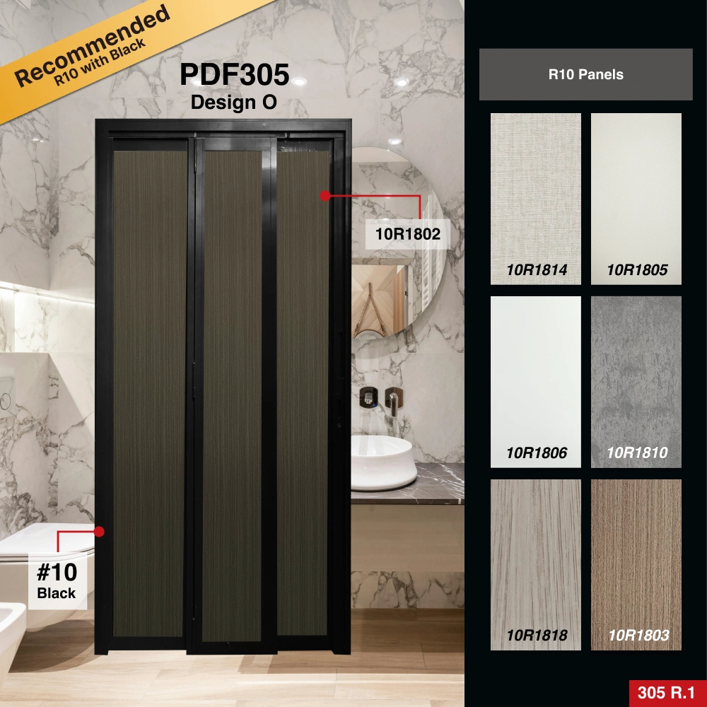 #10 Black Top Hung Aluminium Framed 3 Panel Slide to Fold Door (PDF305) with Slide to Fold System in Design O for Bathroom #10 Black Top Hung Aluminium Framed 3 Panel Slide to Fold Door (PDF305) with Slide to Fold System in Design O with Panel A: 10R 1802, A dark grey wooden textured thick waterproof aluminium honeycomb panel for Bathroom