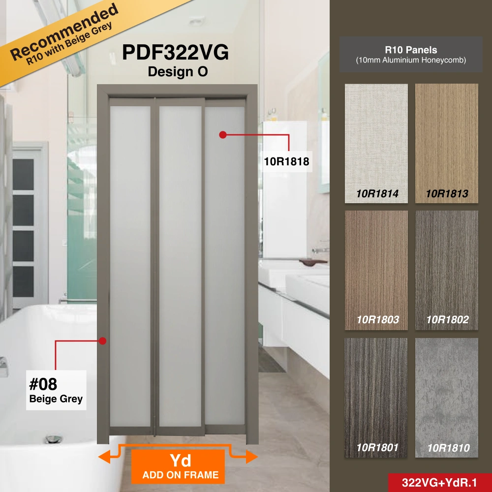 #08 Beige Grey Top Hung Aluminium Framed 3 Panel Slide to Fold Door (PDF322vg) with Slide to Fold System and Classy Invisible VG Hinge in Design O for Bathroom #08 Beige Grey Top Hung Aluminium Framed 3 Panel Slide to Fold Door (PDF322vg) with Slide to Fold System and Classy Invisible VG Hinge in Design O with Panel A: 10R 1818, a beige vertical lined textured thick waterproof aluminium honeycomb panel for Bathroom