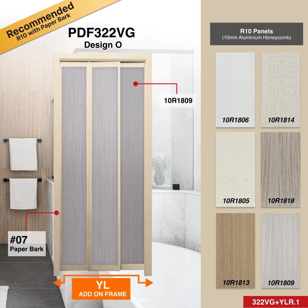 #07 Paper Bark Top Hung Aluminium Framed 3 Panel Slide to Fold Door (PDF322vg) with Slide to Fold System and Classy Invisible VG Hinge in Design O for Bathroom #07 Paper Bark Top Hung Aluminium Framed 3 Panel Slide to Fold Door (PDF322vg) with Slide to Fold System and Classy Invisible VG Hinge in Design O with Panel A: 10R 1809, A light pink-colored, wood-grain textured thick waterproof aluminium honeycomb panel for Bathroom