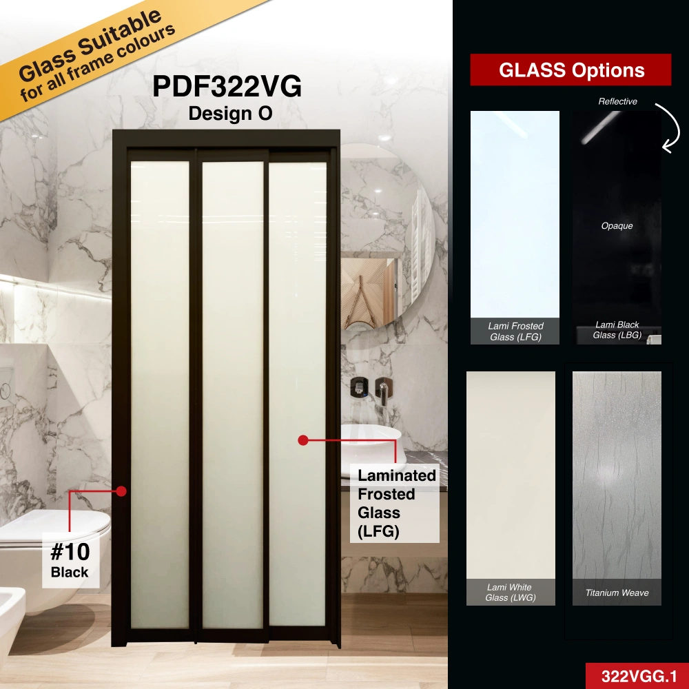 #10 Black Top Hung Aluminium Framed 3 Panel Slide to Fold Door (PDF322vg) with Slide to Fold System and Classy Invisible VG Hinge in Design O for Bathroom #10 Black Top Hung Aluminium Framed 3 Panel Slide to Fold Door (PDF322vg) with Slide to Fold System and Classy Invisible VG Hinge in Design O with Panel A: Design Glass LFG Laminated Safety Frosted Glass for Bathroom
