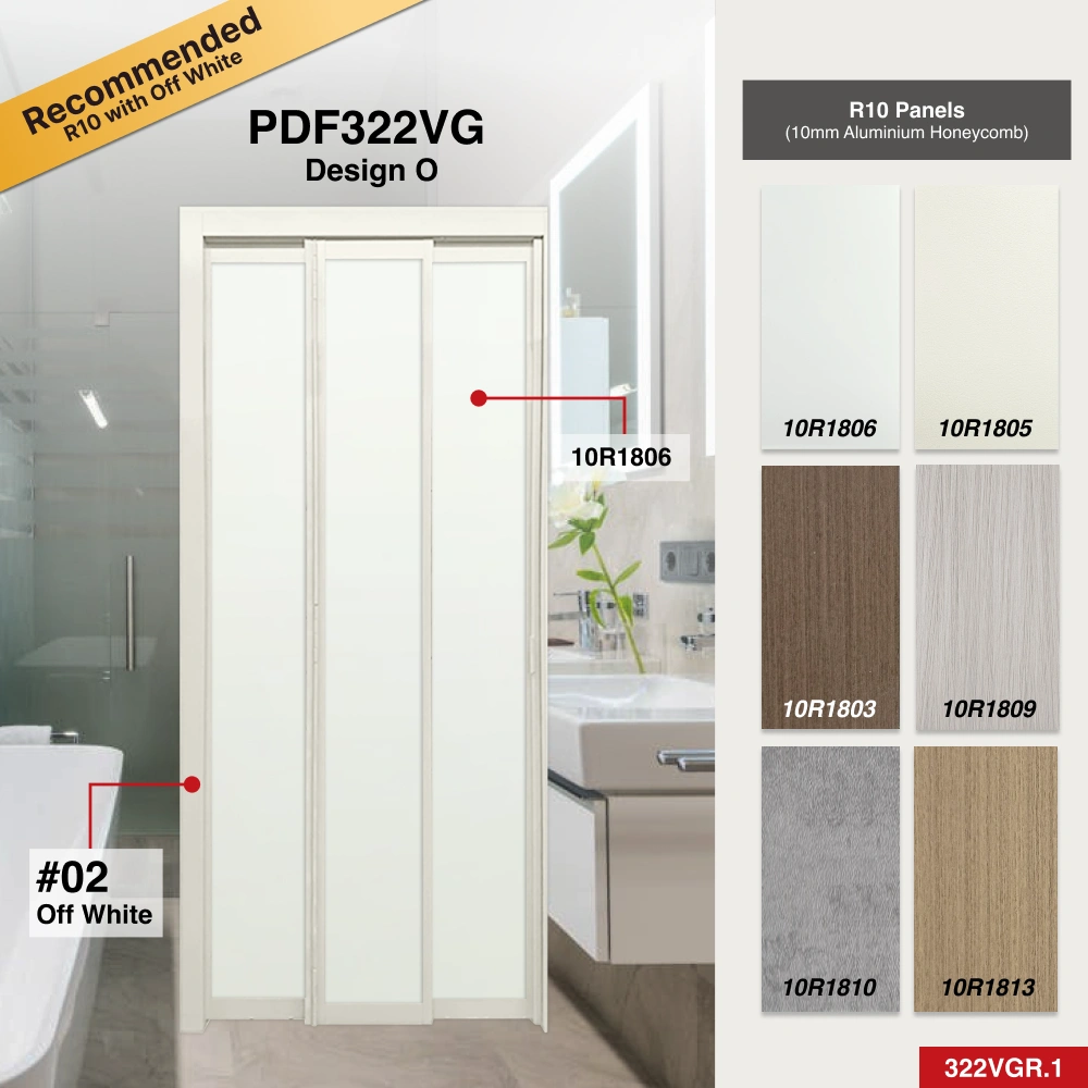 #02 Off White Top Hung Aluminium Framed 3 Panel Slide to Fold Door (PDF322q) with Slide to Fold System and Slim Frame Q Hinge in Design O for Bathroom #02 Off White Top Hung Aluminium Framed 3 Panel Slide to Fold Door (PDF322q) with Slide to Fold System and Slim Frame Q Hinge in Design O with Panel A: 10R 1814, a beige cloth-like textured thick waterproof aluminium honeycomb panel for Bathroom