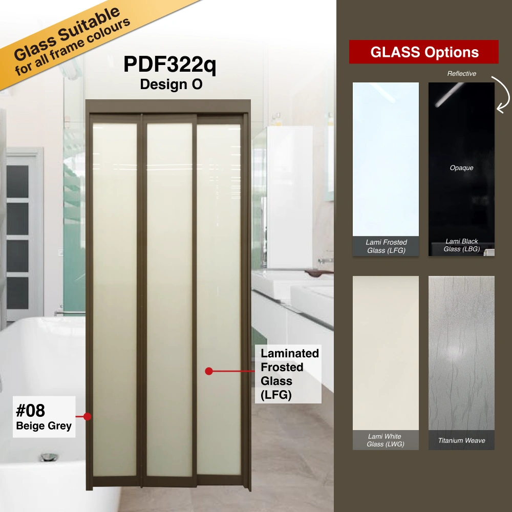 #08 Beige Grey Top Hung Aluminium Framed 3 Panel Slide to Fold Door (PDF322q) with Slide to Fold System and Slim Frame Q Hinge in Design O for Bathroom #08 Beige Grey Top Hung Aluminium Framed 3 Panel Slide to Fold Door (PDF322q) with Slide to Fold System and Slim Frame Q Hinge in Design O with Panel A: Design Glass LFG Laminated Safety Frosted Glass for Bathroom