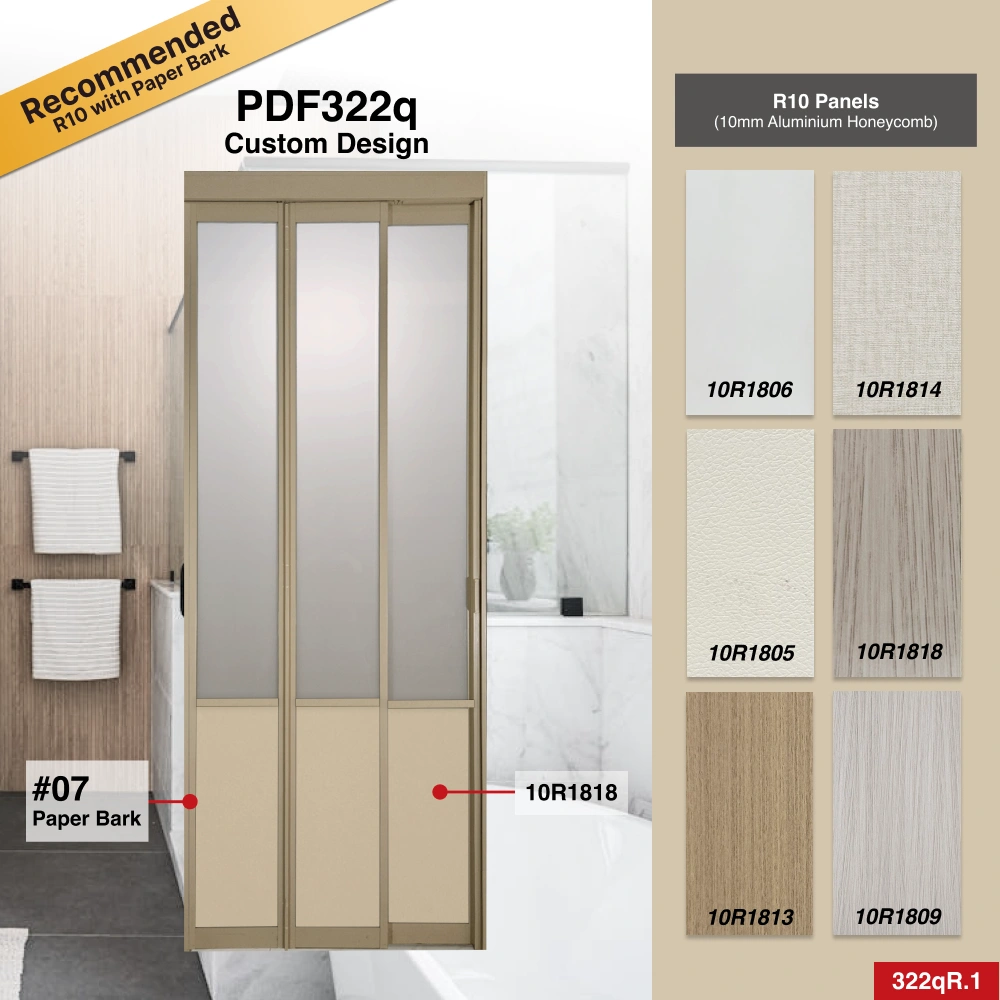 #07 Paper Bark Top Hung Aluminium Framed 3 Panel Slide to Fold Door (PDF305) with Slide to Fold System in Custom Design for Bathroom #07 Paper Bark Top Hung Aluminium Framed 3 Panel Slide to Fold Door (PDF305) with Slide to Fold System in Custom Design with Panel A: 10R 1818, a beige vertical lined textured thick waterproof aluminium honeycomb panel and Panel B: Design Glass LFG Laminated Safety Frosted Glass for Bathroom