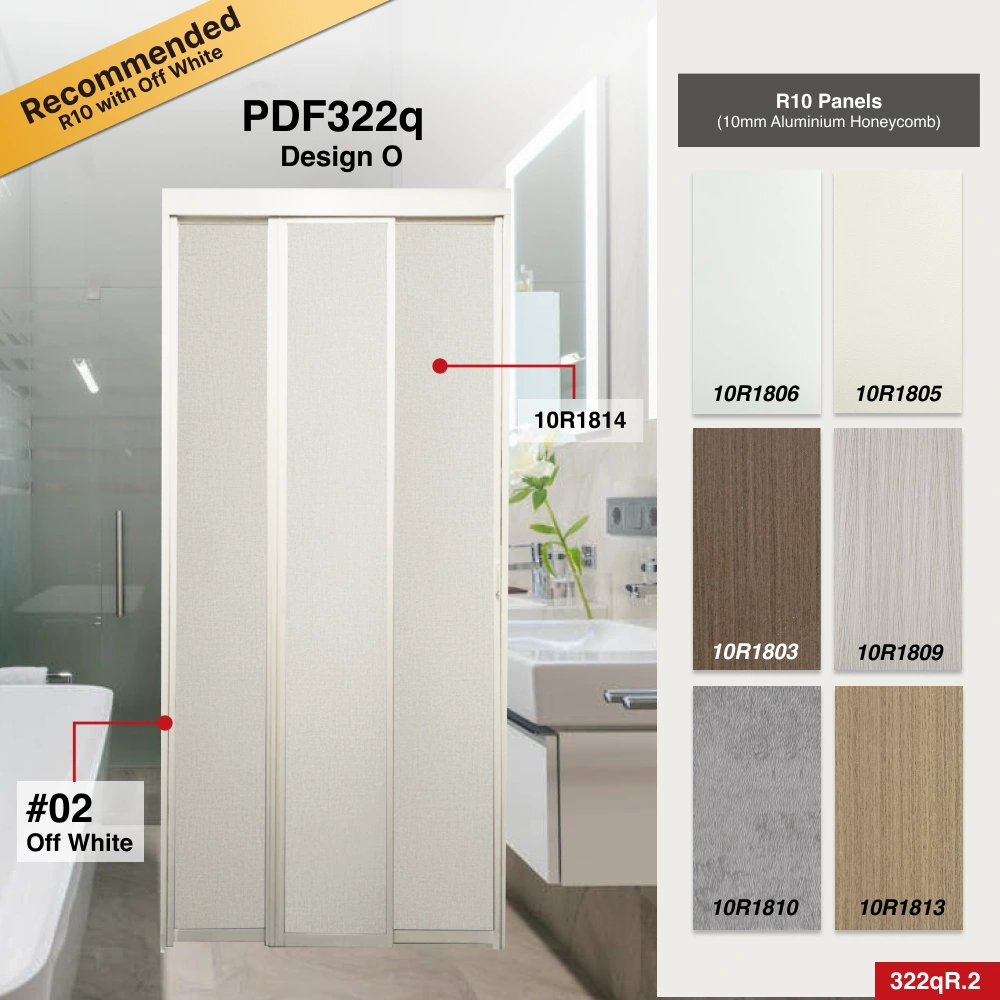#02 Off White Top Hung Aluminium Framed 3 Panel Slide to Fold Door (PDF322q) with Slide to Fold System and Slim Frame Q Hinge in Design O for Bathroom #02 Off White Top Hung Aluminium Framed 3 Panel Slide to Fold Door (PDF322q) with Slide to Fold System and Slim Frame Q Hinge in Design O with Panel A: 10R 1814, a beige cloth-like textured thick waterproof aluminium honeycomb panel for Bathroom