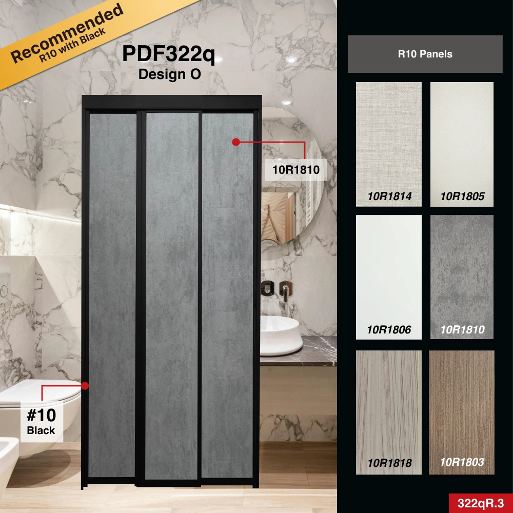 #10 Black Top Hung Aluminium Framed 3 Panel Slide to Fold Door (PDF322q) with Slide to Fold System and Slim Frame Q Hinge in Design O for Bathroom #10 Black Top Hung Aluminium Framed 3 Panel Slide to Fold Door (PDF322q) with Slide to Fold System and Slim Frame Q Hinge in Design O with Panel A: 10R 1810, A grey-coloured concrete aesthectic textured thick waterproof aluminium honeycomb panel for Bathroom