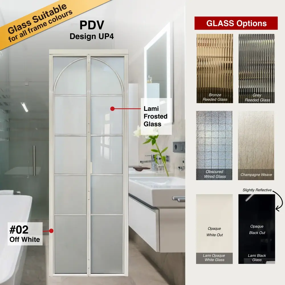 #02 Off White Top Hung Aluminium Framed Slim Frame PDV (2 Panel Folding Door) with Double Swing System with Slim Frame Q Hinge in Design UP4 for Bathroom #02 Off White Top Hung Aluminium Framed Slim Frame PDV (2 Panel Folding Door) with Double Swing System with Slim Frame Q Hinge in Design UP4 with Panel A: Design Glass LFG Laminated Safety Frosted Glass for Bathroom