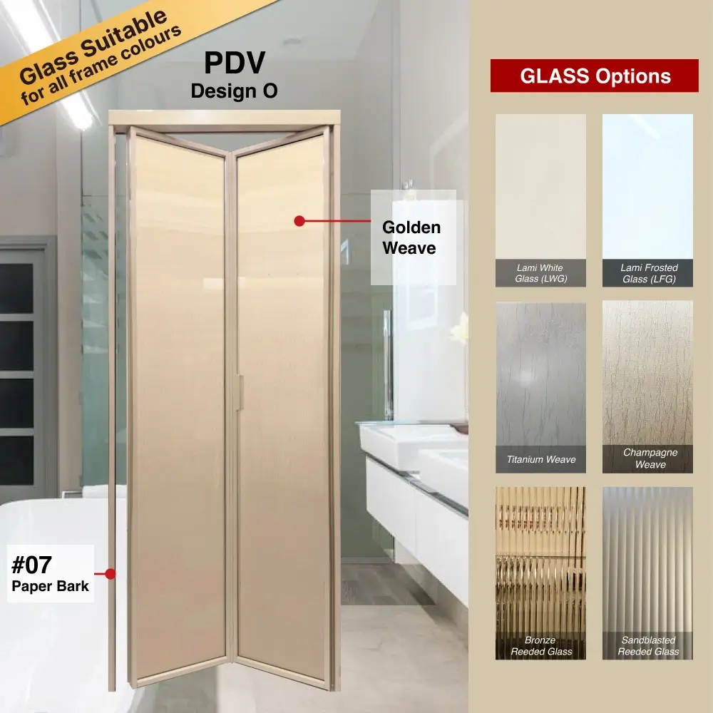 #07 Paper Bark Top Hung Aluminium Framed Slim Frame PDV (2 Panel Folding Door) with Double Swing System with Slim Frame Q Hinge in Design O for Bathroom #07 Paper Bark Top Hung Aluminium Framed Slim Frame PDV (2 Panel Folding Door) with Double Swing System with Slim Frame Q Hinge in Design O with Panel A: Design Glass Golden Weave Glass for Bathroom