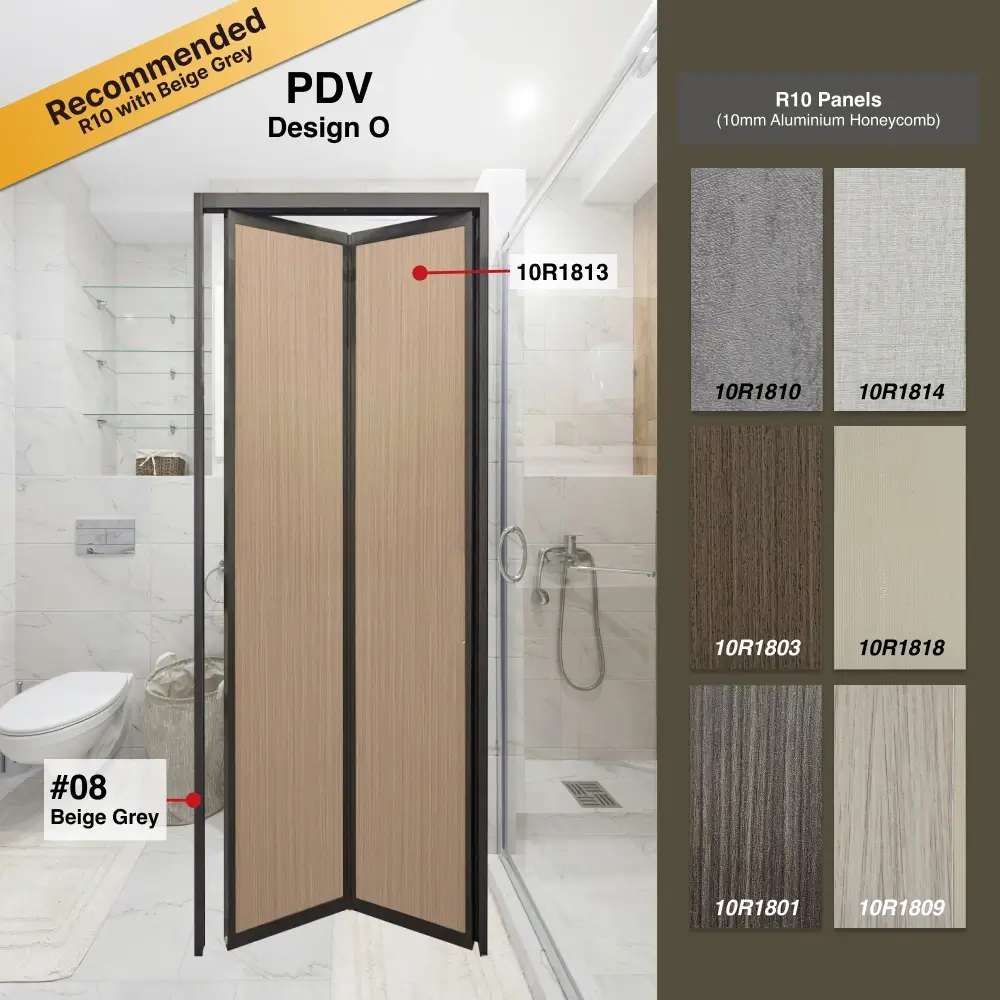 #08 Beige Grey Top Hung Aluminium Framed Slim Frame PDV (2 Panel Folding Door) with Double Swing System with Slim Frame Q Hinge in Design O for Bathroom #08 Beige Grey Top Hung Aluminium Framed Slim Frame PDV (2 Panel Folding Door) with Double Swing System with Slim Frame Q Hinge in Design O with Panel A: 10R 1813, A Light brown straight grain wood textured thick waterproof aluminium honeycomb panel for Bathroom