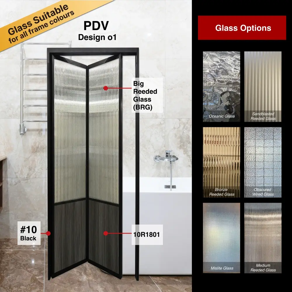 #10 Black Top Hung Aluminium Framed Slim Frame PDV (2 Panel Folding Door) with Double Swing System with Slim Frame Q Hinge in Design o1 for Bathroom #10 Black Top Hung Aluminium Framed Slim Frame PDV (2 Panel Folding Door) with Double Swing System with Slim Frame Q Hinge in Design o1 with Panel A: Design Glass BRG Big Reeded (Fluted) Glass and Panel B: 10R 1801, A blackish wood-like textured thick waterproof aluminium honeycomb panel for Bathroom