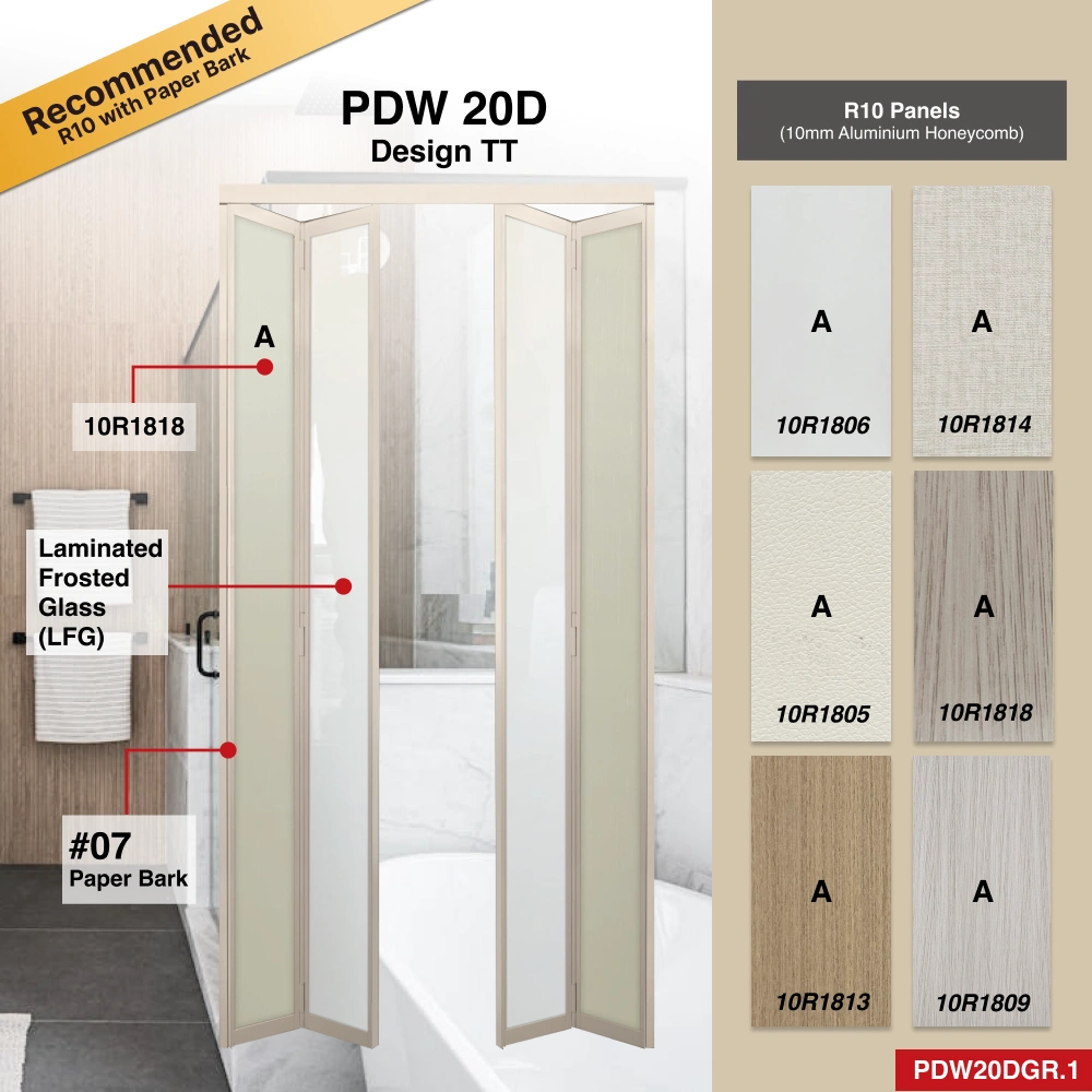 #07 Paper Bark Top Hung Aluminium Framed 4 Panel Bifold Folding Door (PDW20D) with Slide to Fold System and Slim Frame Q Hinge in Design TT for Bathroom #07 Paper Bark Top Hung Aluminium Framed 4 Panel Bifold Folding Door (PDW20D) with Slide to Fold System and Slim Frame Q Hinge in Design TT with Panel A: 10R 1824 1824, a beige woodlike textured thick waterproof aluminium honeycomb panel and Panel B: Laminated Frosted Glass for Bathroom