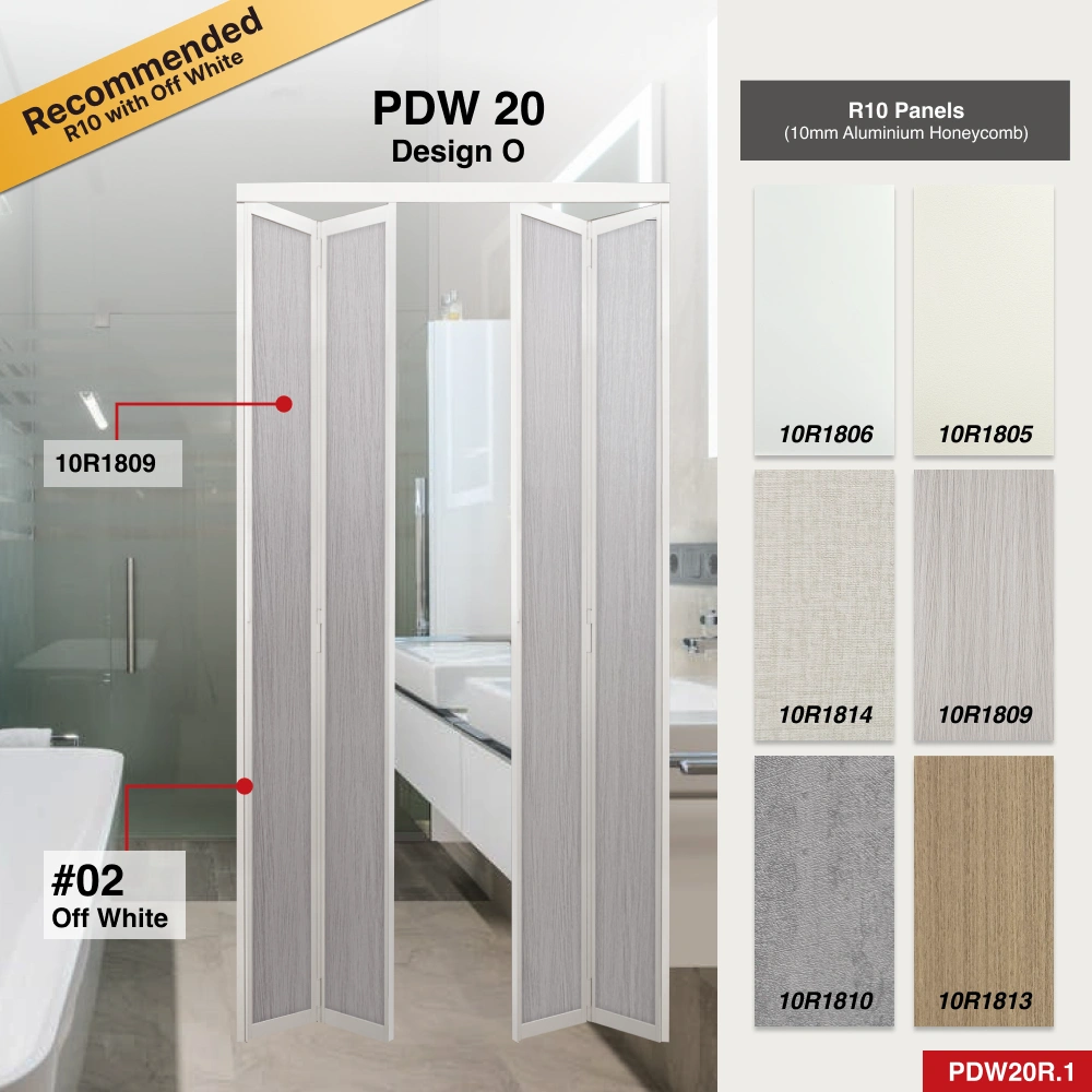 #02 Off White Top Hung Aluminium Framed 4 Panel Bifold Folding Door (PDW20) with Slide to Fold System and Slim Frame Q Hinge in Design O for Bathroom #02 Off White Top Hung Aluminium Framed 4 Panel Bifold Folding Door (PDW20) with Slide to Fold System and Slim Frame Q Hinge in Design O with Panel A: 10R 1805 1805, A white leather-like textured thick waterproof aluminium honeycomb panel for Bathroom