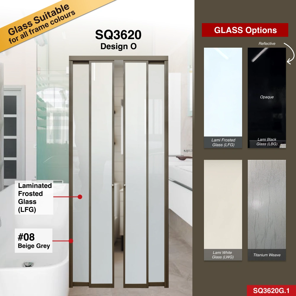 #08 Beige Grey Top Hung Aluminium Framed 4 Panel Slide to Swing Door (SQ3620) with WQ Slim Frame Q Hinge Swing System in Design O for Bathroom #08 Beige Grey Top Hung Aluminium Framed 4 Panel Slide to Swing Door (SQ3620) with WQ Slim Frame Q Hinge Swing System in Design O with Panel A: Laminated Frosted Glass Laminated Safety Frosted Glass for Bathroom