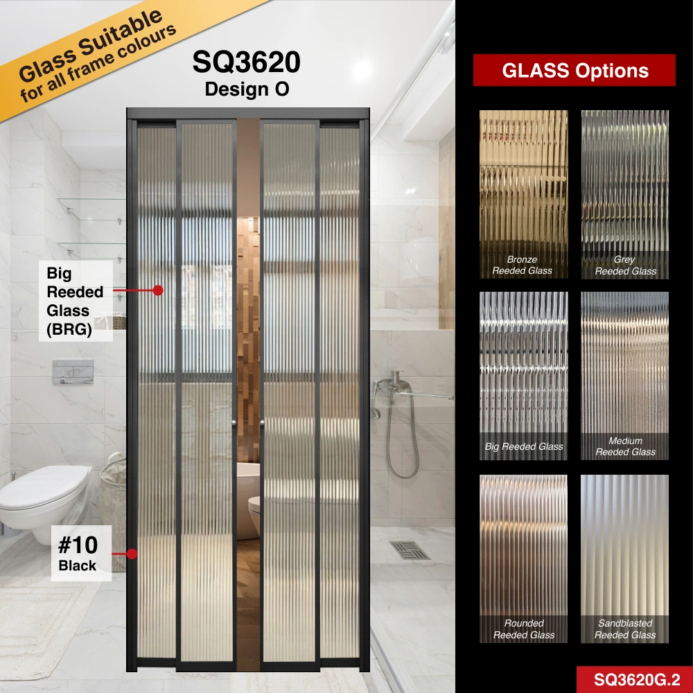 #10 Black Top Hung Aluminium Framed 4 Panel Slide to Swing Door (SQ3620) with WQ Slim Frame Q Hinge Swing System in Design O for Bathroom #10 Black Top Hung Aluminium Framed 4 Panel Slide to Swing Door (SQ3620) with WQ Slim Frame Q Hinge Swing System in Design O with Panel A: Laminated Frosted Glass Laminated Safety Frosted Glass for Bathroom
