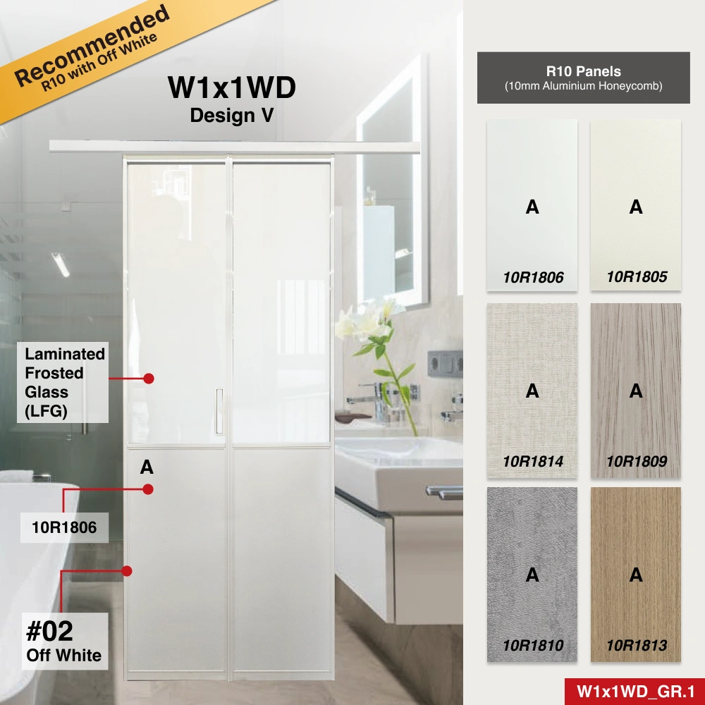 #02 Off White Top Hung Aluminium Framed Sliding Door (W1x1WD) with Top Track Sliding System in Design V for Bathroom #02 Off White Top Hung Aluminium Framed Sliding Door (W1x1WD) with Top Track Sliding System in Design V with Panel A: Laminated Frosted Glass Laminated Safety Frosted Glass and Panel B: 10R 1806 1806, A white glossy smooth textured thick waterproof aluminium honeycomb panel for Bathroom
