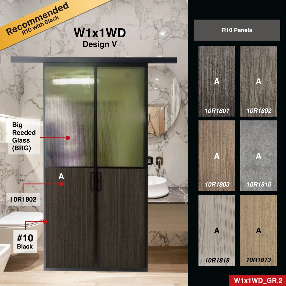 #10 Black Top Hung Aluminium Framed Sliding Door (W1x1WD) with Top Track Sliding System in Design V for Bathroom #10 Black Top Hung Aluminium Framed Sliding Door (W1x1WD) with Top Track Sliding System in Design V with Panel A: Big Reeded Glass Big Reeded (Fluted) Glass and Panel B: 10R 1802 1802, A dark grey wooden textured thick waterproof aluminium honeycomb panel for Bathroom