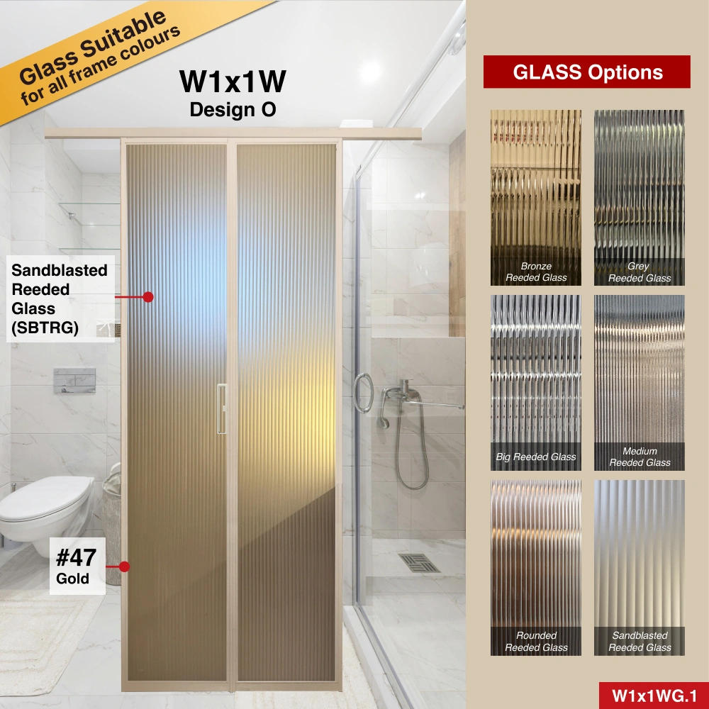 #47 Gold Top Hung Aluminium Framed Sliding Door (W1x1W) with Top Track Sliding System in Design O for Bathroom #47 Gold Top Hung Aluminium Framed Sliding Door (W1x1W) with Top Track Sliding System in Design O with Panel A: Si for Glass SI703 Single Gradation (Frosted), a panel with a gradual frosted effect for enhanced privacy and light diffusion for Bathroom