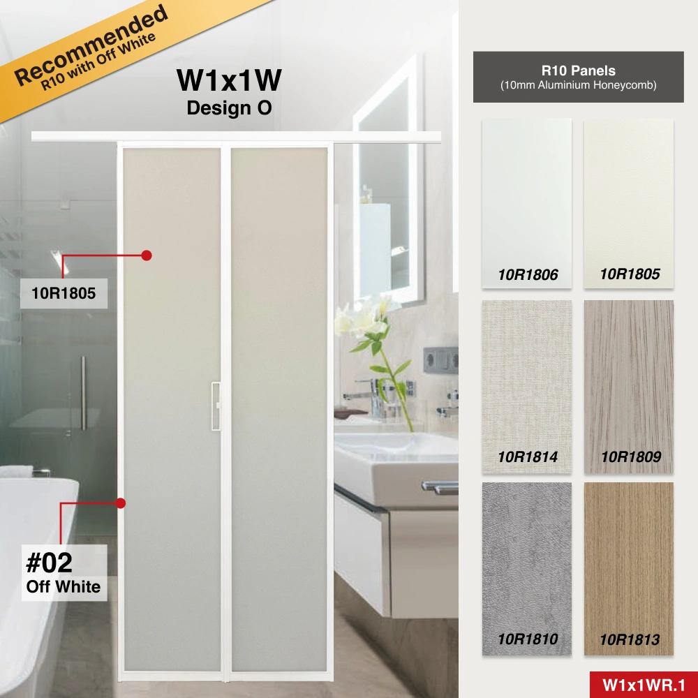 #02 Off White Top Hung Aluminium Framed Sliding Door (W1x1W) with Top Track Sliding System in Design O for Bathroom #02 Off White Top Hung Aluminium Framed Sliding Door (W1x1W) with Top Track Sliding System in Design O with Panel A: 10R 1814 1814, a beige cloth-like textured thick waterproof aluminium honeycomb panel for Bathroom