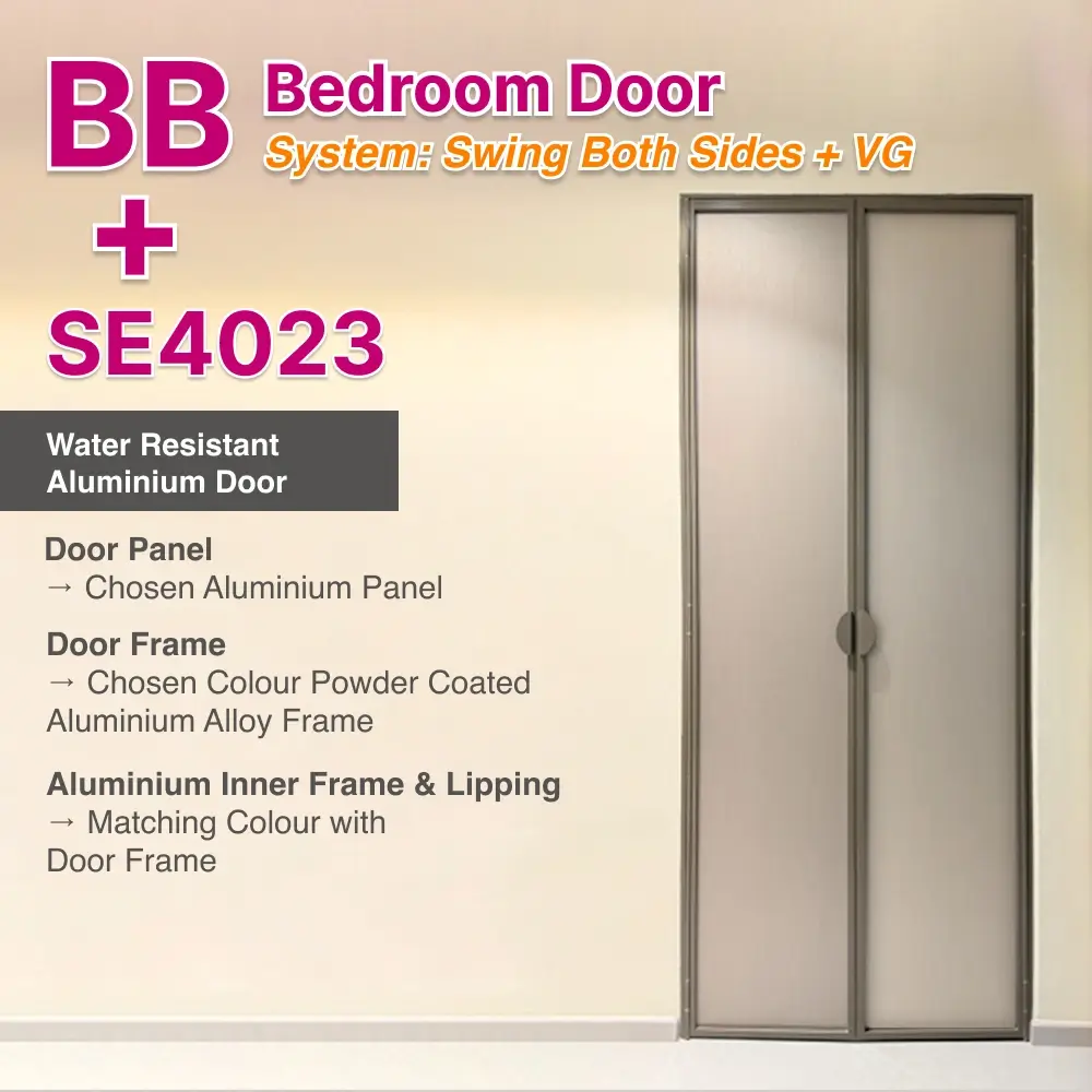 #08 Beige Grey Top Hung Aluminium Framed BB Bedroom Door (French Door) with VG Classy Invisible Hinge Swing System in Design O for Bedroom #08 Beige Grey Top Hung Aluminium Framed BB Bedroom Door (French Door) with VG Classy Invisible Hinge Swing System in Design O with Panel A: No.4023 KI051, A greyish metalic textured laminate for Bedroom